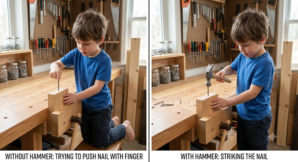 A child trying to push a nail in with a finger versus striking it with a hammer